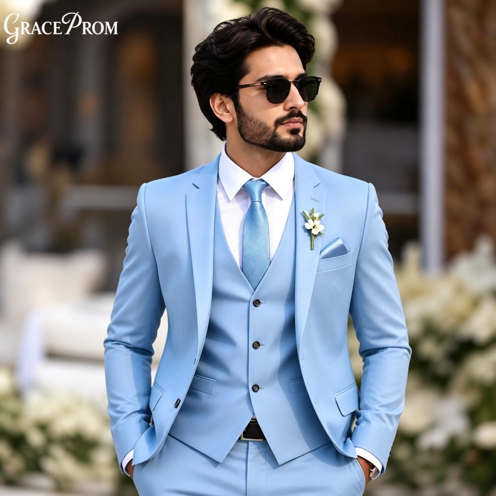 Elegant Formal Men'S Wear - Elegant Light Sky Blue 3PCS Men