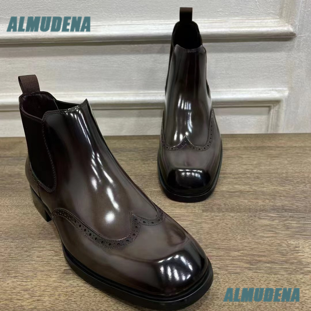 Men'S Formal Style - Men Brown Glossy Brogue Chelsea Boots