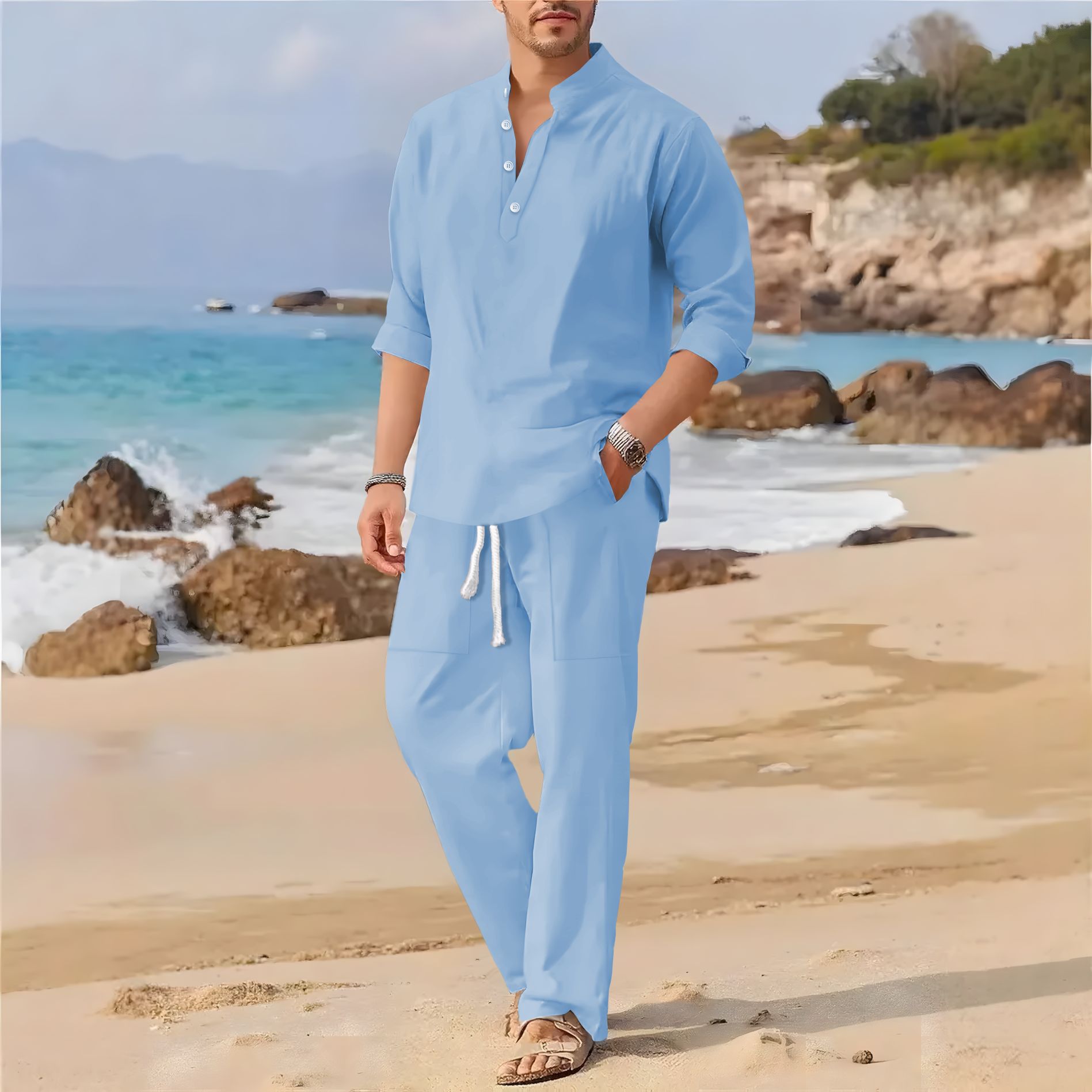Men's retro cotton and linen s - Men'S Formal Beach Wear ulasan dan harga