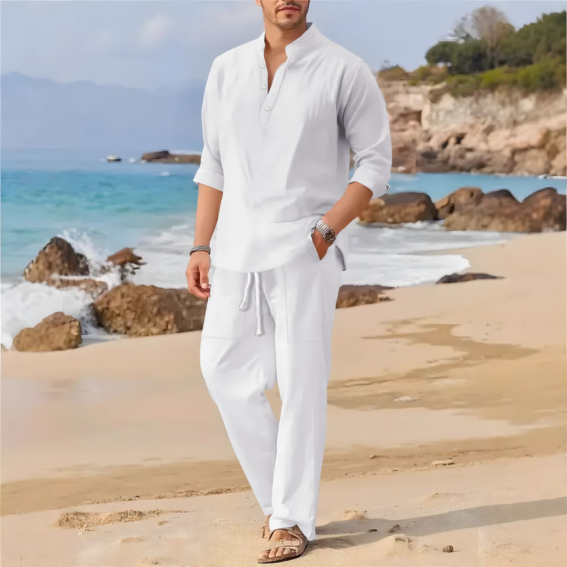 Men's retro cotton and linen s - Men'S Formal Beach Wear ulasan dan harga