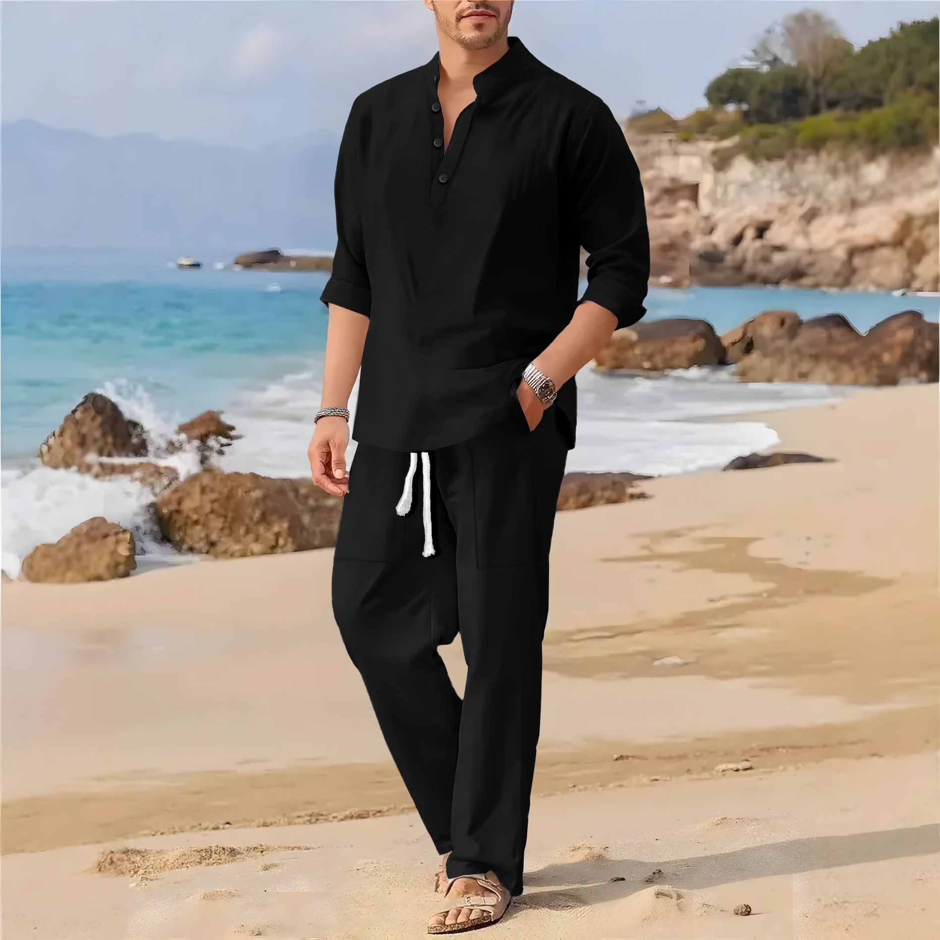 Men's retro cotton and linen s - Men'S Formal Beach Wear ulasan dan harga