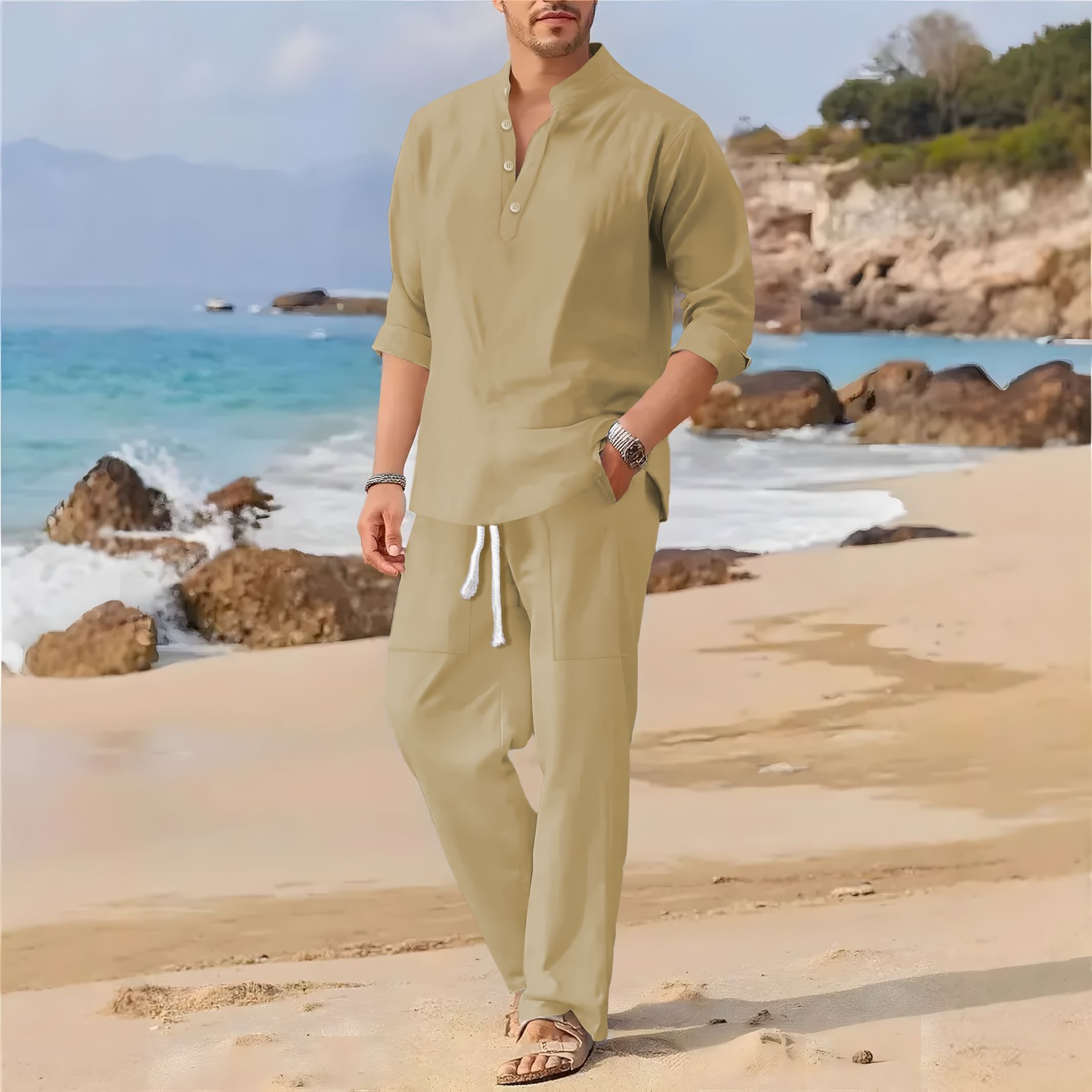 Men's retro cotton and linen s - Men'S Formal Beach Wear ulasan dan harga