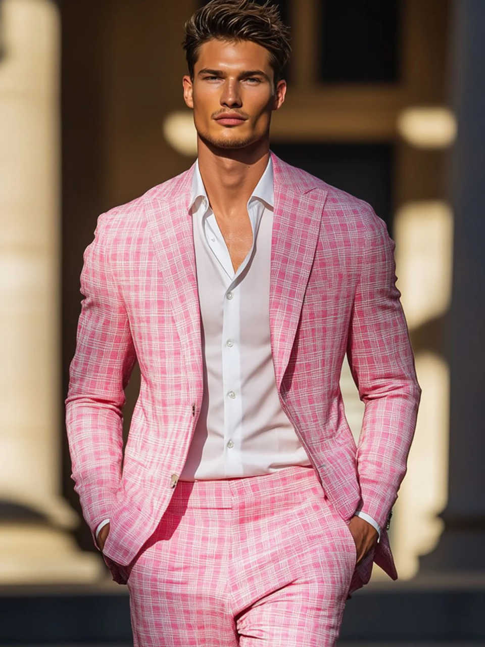 Summer Pink Plaid Mens Tuxedos - Men Formal Wear Pink ulasan dan harga