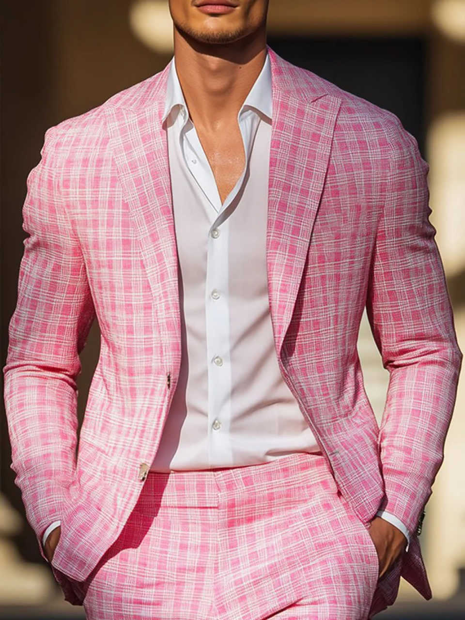 Summer Pink Plaid Mens Tuxedos - Men Formal Wear Pink ulasan dan harga