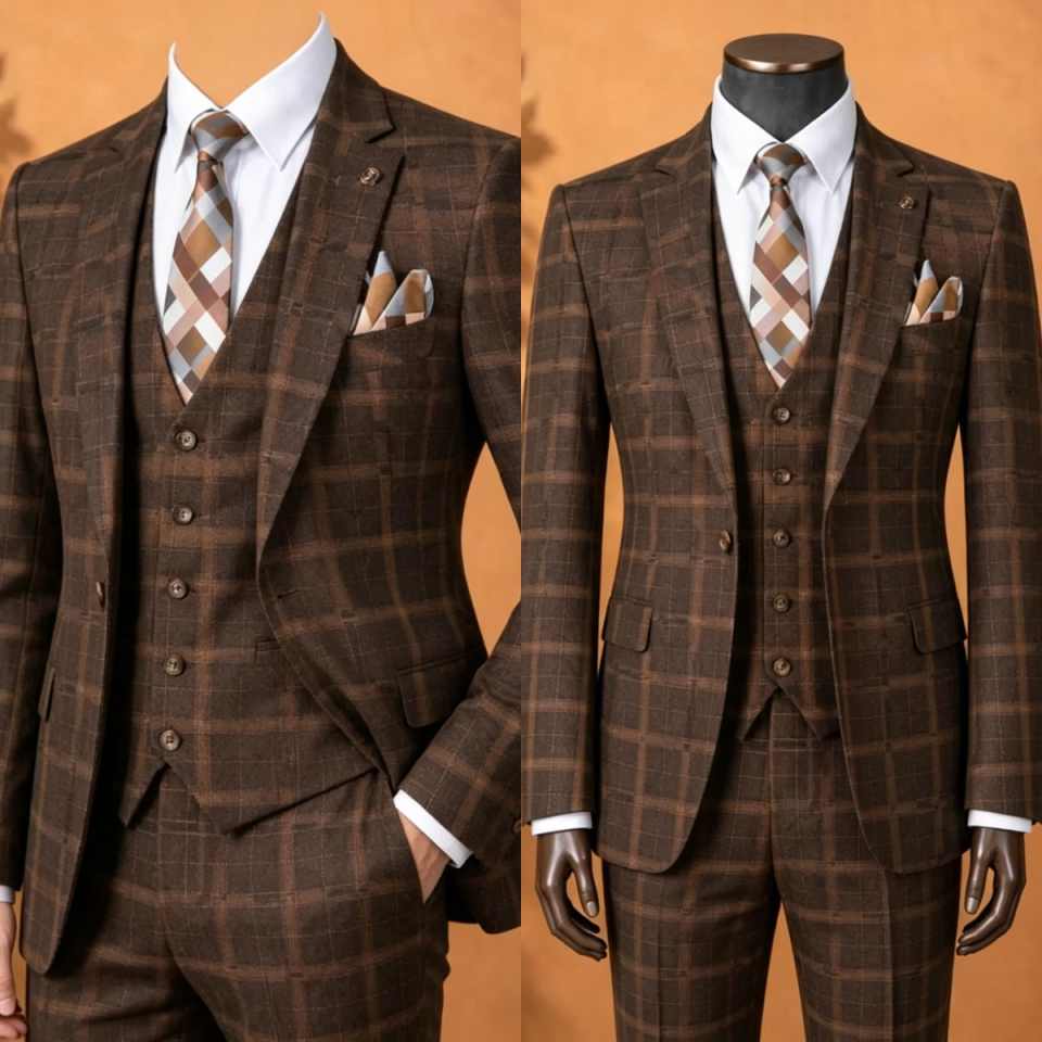 Elegant Brown Plaid Men 3 Piec - Elegant Formal Men'S Wear ulasan dan harga